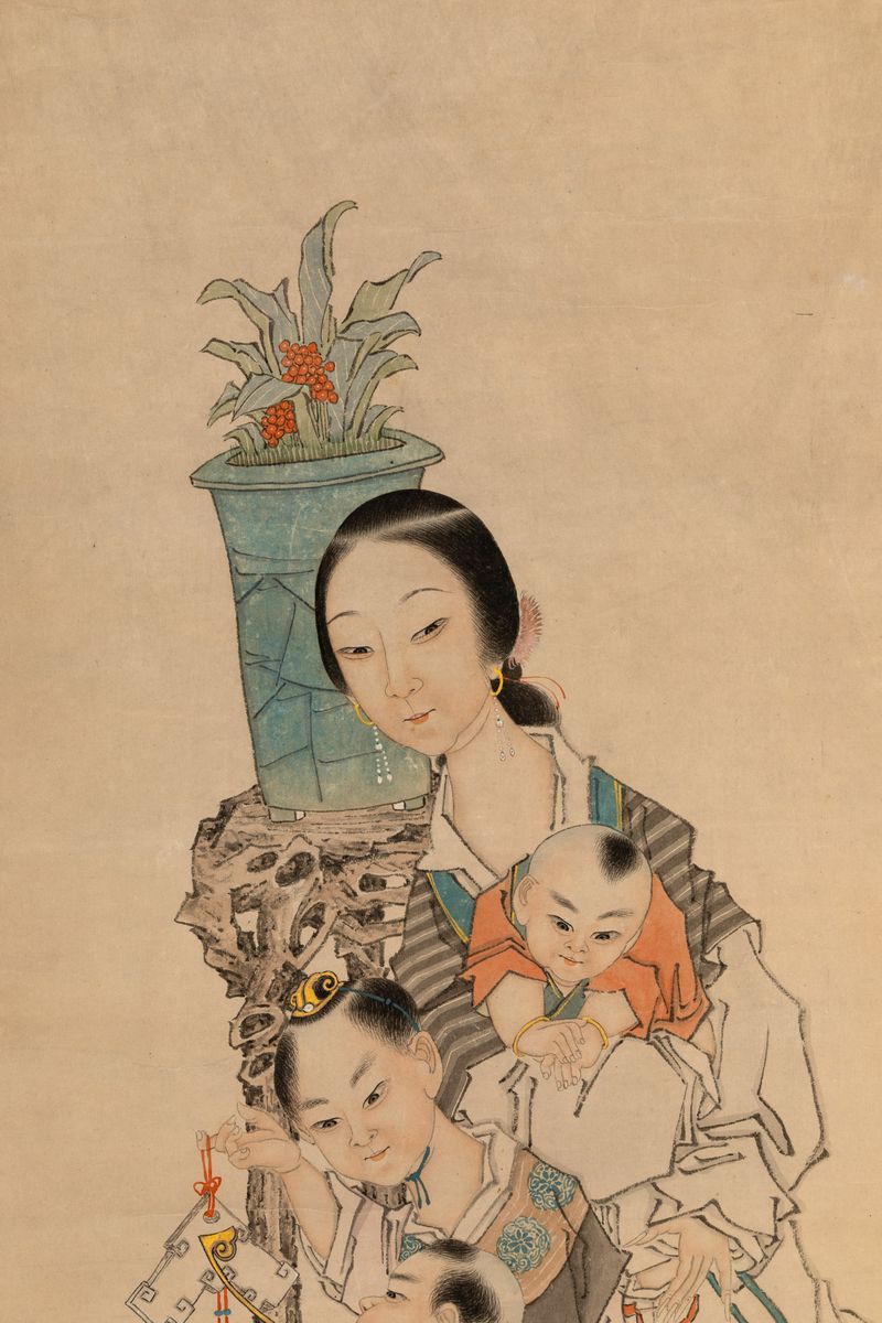 Dipinto su Carta Raffigurante Donna con Bambini e Iscrizione, Cina, Inizi XX Secolo