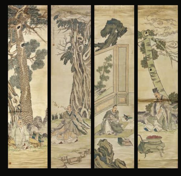 Quattro dipinti su carta raffiguranti saggi con iscrizione, Cina, Dinastia Qing, XIX secolo