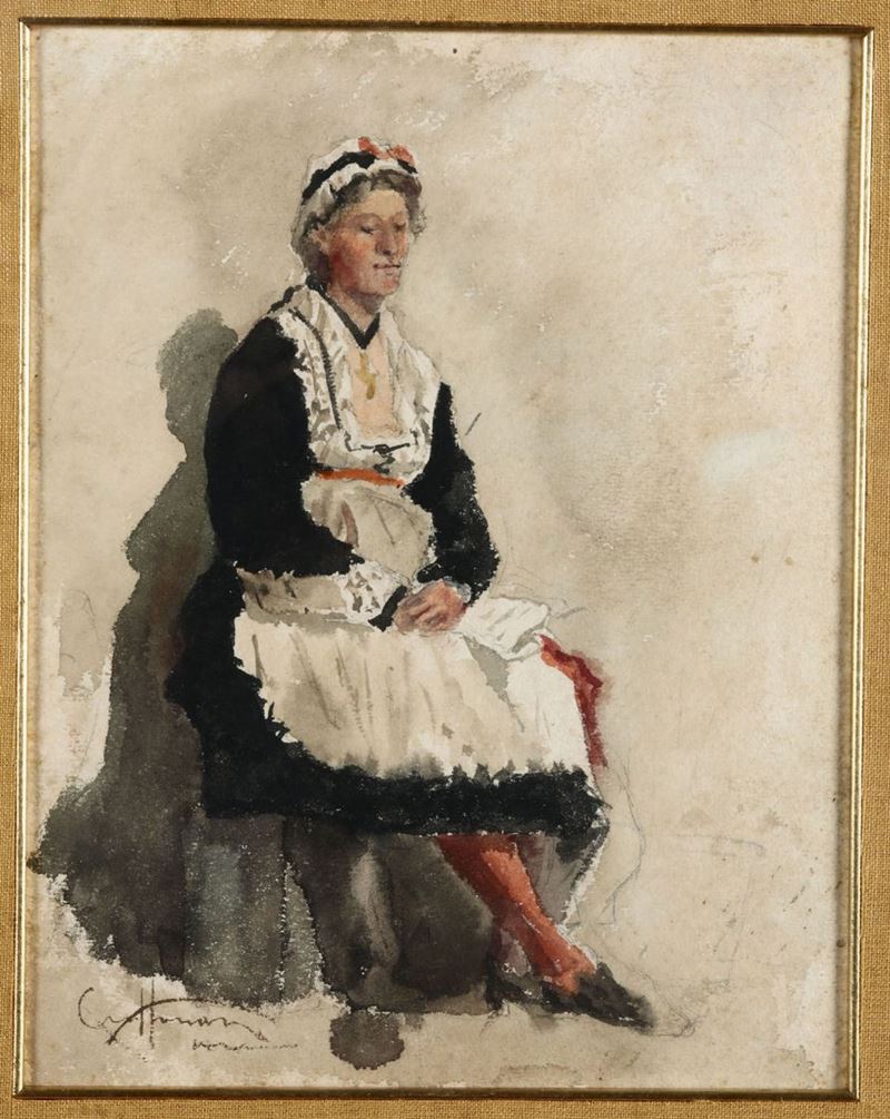 Aurelio Craffonara : Aurelio Craffonara (1875-1945) Donna in abiti tradizionali  - Auction 19th and 20th Century Paintings - Cambi Casa d'Aste