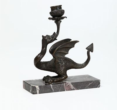 Candeliere in Bronzo a Drago, Base in Marmo Rosso. Fine XIX Secolo