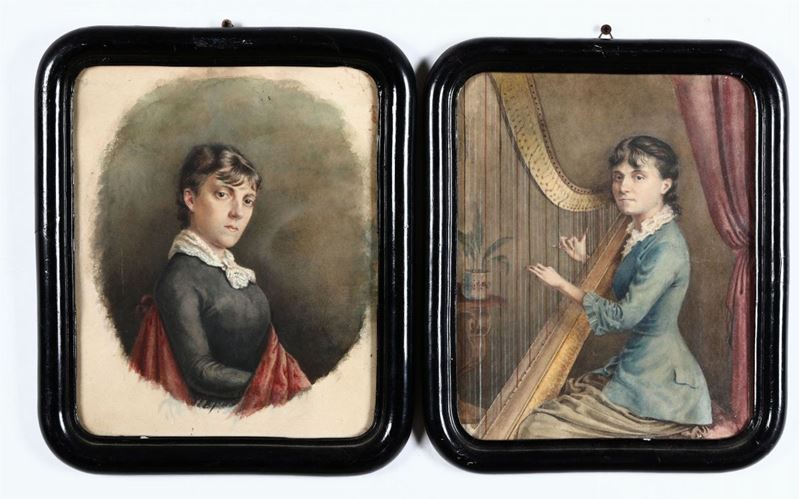 Anonimo del XIX secolo Ritratto di gentildonna che suona lâ€™arpa - Ritratto di gentildonna  - Asta Arredi, Dipinti e Oggetti d'Arte - Cambi Casa d'Aste