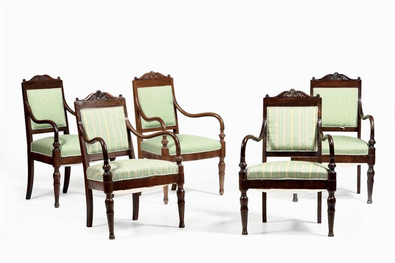 Cinque poltrone in mogano intagliato. Genova (?) 1830 circa  - Auction Furniture | Cambi Time - Cambi Casa d'Aste