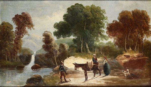 Scuola dellâ€™Italia meridionale del XIX secolo Paesaggio con figure e viandanti