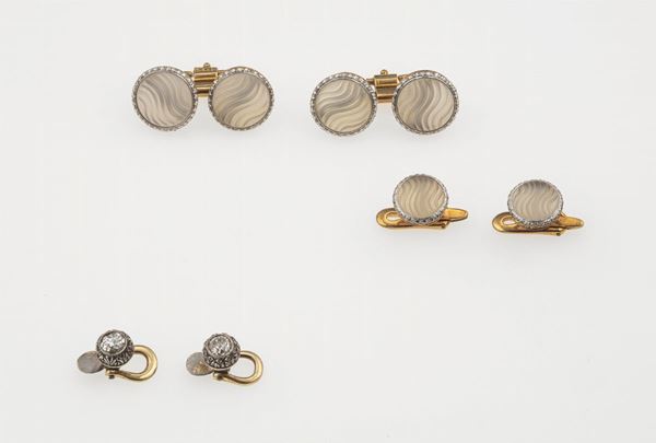 Pair of clair de lune cufflinks with shirt studs and a pair of old-cut diamond shirt studs