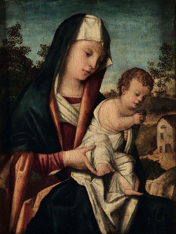 Scuola veneta dell'inizio del XVI secolo Madonna con Bambino entro paesaggio