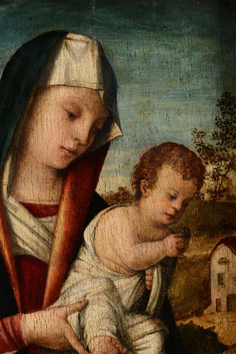 Scuola Veneta Dell'inizio del XVI Secolo Madonna con Bambino Entro Paesaggio
