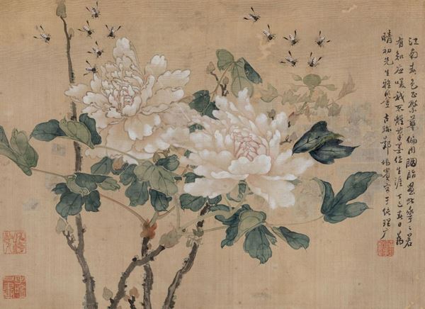 Dipinto su seta raffigurante peonie in fiori con insetti e iscrizione, Cina, XX secolo