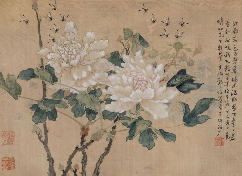 Dipinto su seta raffigurante peonie in fiori con insetti e iscrizione, Cina, XX secolo  - Asta Fine Chinese Works of Art - Cambi Casa d'Aste