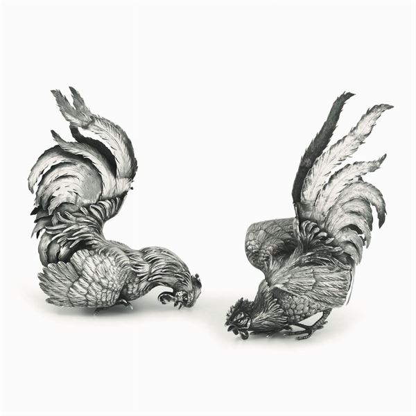 Two silver roosters, prob. Italy, 1900s