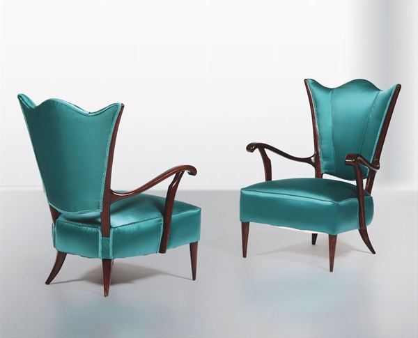 Two wood and satin armchairs, Italy, 1950s