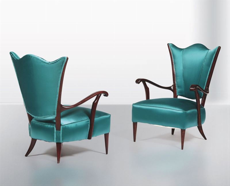 Two wood and satin armchairs, Italy, 1950s  - Auction Design - Cambi Casa d'Aste