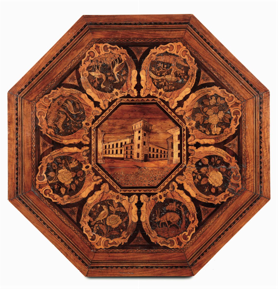 Tavolino Ottagonale in Legno Impiallacciato ed Intarsiato, XIX Secolo