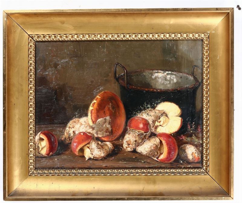 Amedeo Merello (1890-1979) Natura morta con funghi  - Asta Arredi, Dipinti e Oggetti d'Arte - Cambi Casa d'Aste
