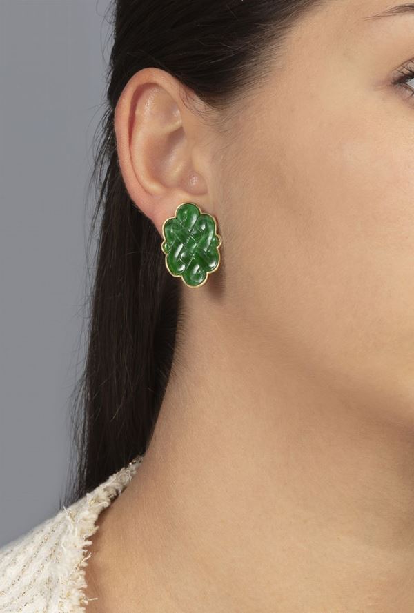 Pair of carved jade and gold earrings
