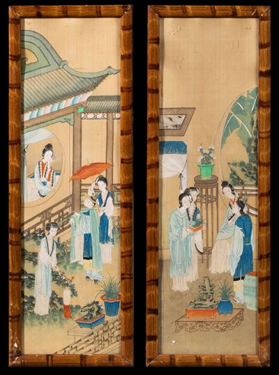 Coppia di Dipinti su Seta Raffiguranti Scene di Vita Comune con Cortigiane, Cina, Dinastia Qing, ...
