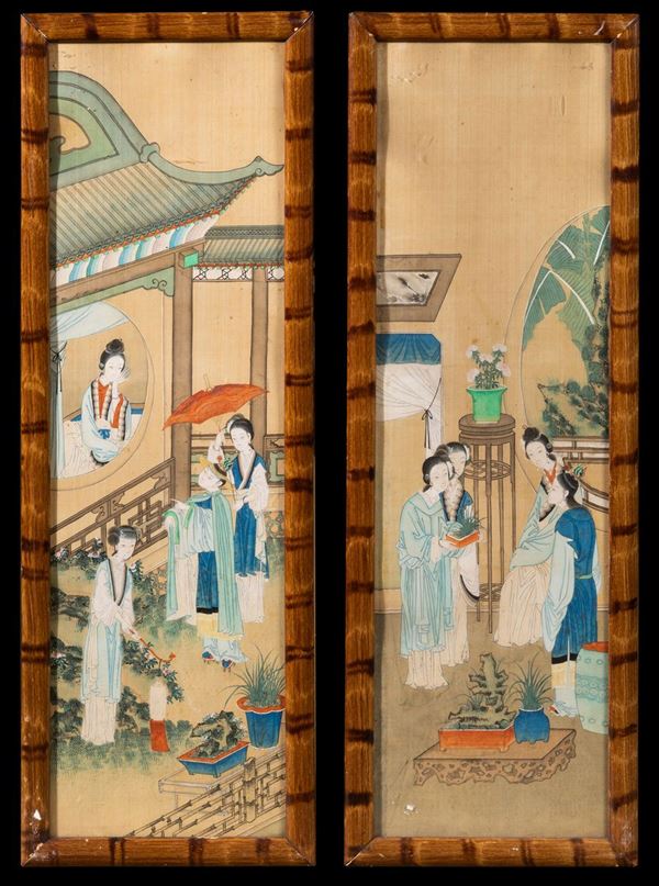 Coppia di dipinti su seta raffiguranti scene di vita comune con cortigiane, Cina, Dinastia Qing, XIX secolo