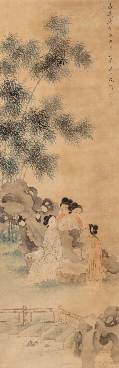 Dipinto su seta raffigurante scena di vita comune con fanciulle entro paesaggio e iscrizione, Cina, XX secolo