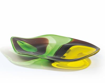 Anzolo Fuga, Vetreria AVEM, Grande piatto asimmetrico con decoro a macchie policrome (Murano, 195...