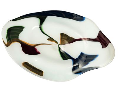 Anzolo Fuga, Vetreria AVEM, Grande piatto in vetro con decorazione a patchwork (Murano, ca. 1960)