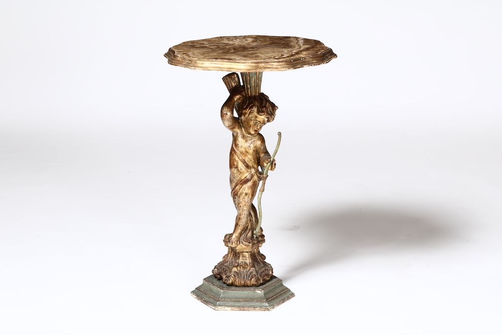 Tavolino in Legno Dorato con Fusto a Foggia di Putto, XIX Secolo