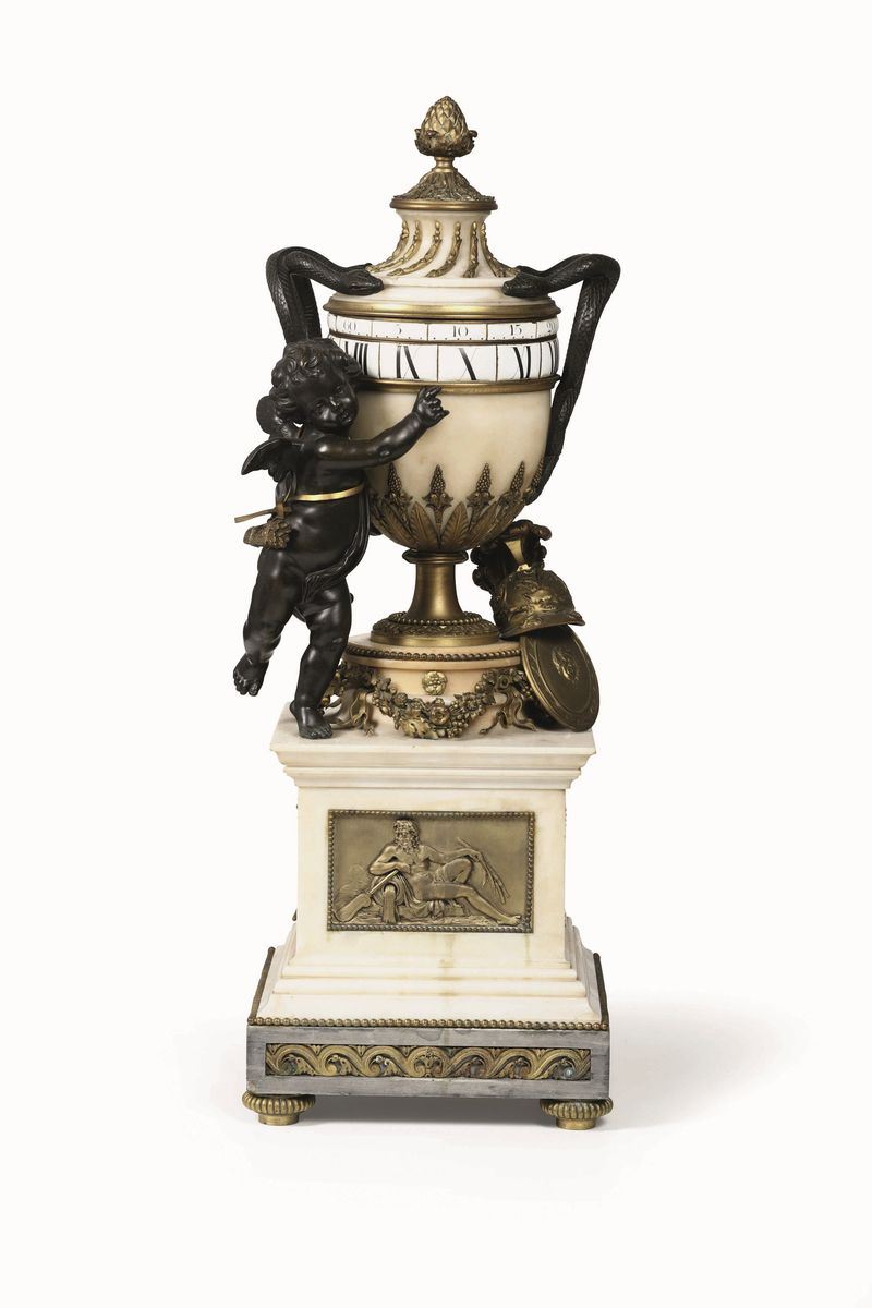 Orologio in marmo, bronzo dorato e bronzo patinato, fine XIX secolo  - Asta Importanti Sculture, Arredi e Oggetti d'Arte - Cambi Casa d'Aste