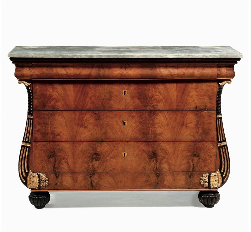 Comò Carlo X a lira in legno intagliato e lastronato, Francia XIX secolo  - Auction Fine Art - Cambi Casa d'Aste