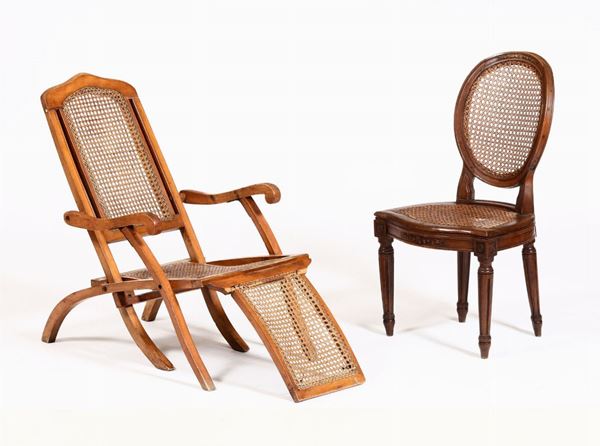 Lotto composto da sedia e sedia a sdraio pieghevole in legno