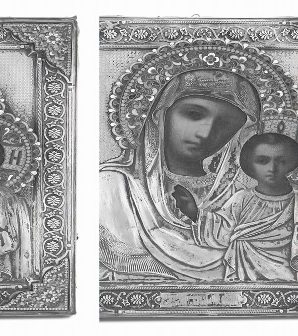 Madonna di Kazan con riza in argento fuso, sbalzato, cesellato e traforato e smalti. Russia bolli di  [..]