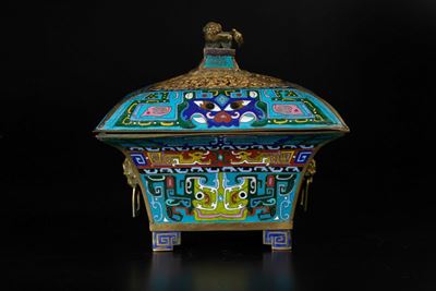 Incensiere a Smalti Cloisonnã¨ con Mascheroni e Anse Ad Anello a Decoro Arcaico e Maschere Taotie...