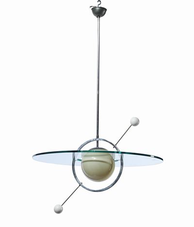 Lampada a Sospensione con Struttura in Ottone e Metallo Laccato. Elemento Diffusore in Vetro Mola...