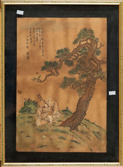 Dipinto su Carta Raffigurante Saggio Seduto Entro Paesaggio e Iscrizione, Cina, XX Secolo