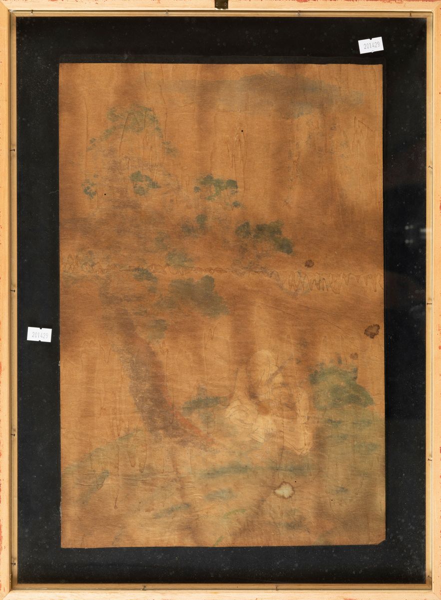 Dipinto su Carta Raffigurante Saggio Seduto Entro Paesaggio e Iscrizione, Cina, XX Secolo