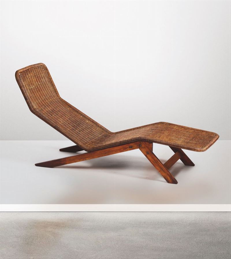 Chaise longue con struttura in legno e seduta in bambù e giunco.  - Asta Design - Cambi Casa d'Aste