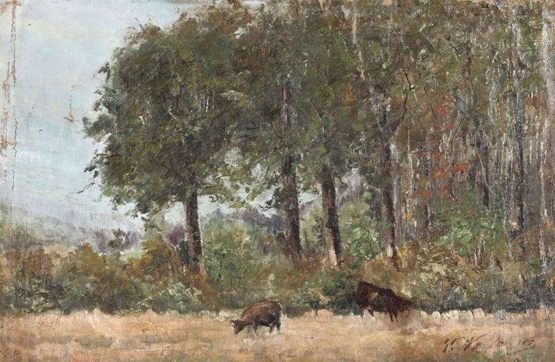 Pittore del XIX-XX secolo Paesaggio con armenti  - Asta Arredi, Dipinti e Oggetti d'Arte - Cambi Casa d'Aste