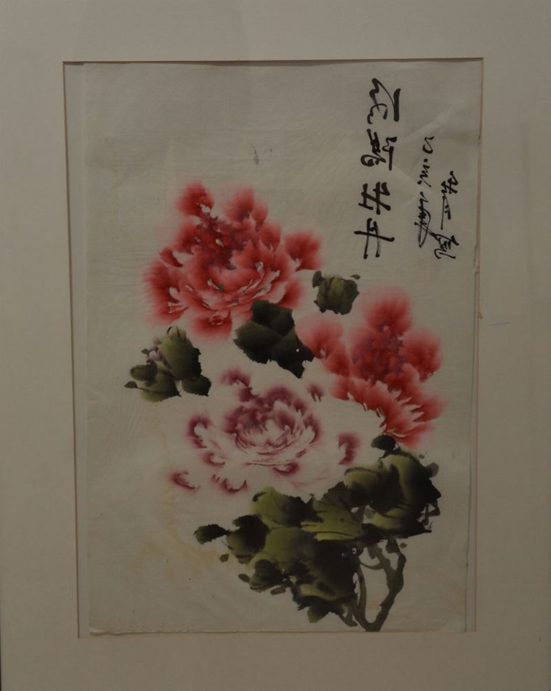 Dipinto su carta raffigurante peonie in fiore e iscrizione, Cina, XX secolo  - Asta Arte Orientale | Asta a Tempo - Cambi Casa d'Aste