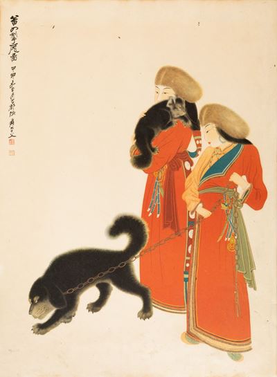 Dipinto su Carta Raffigurante Fanciulle con Cani e Iscrizione, Cina, XX Secolo