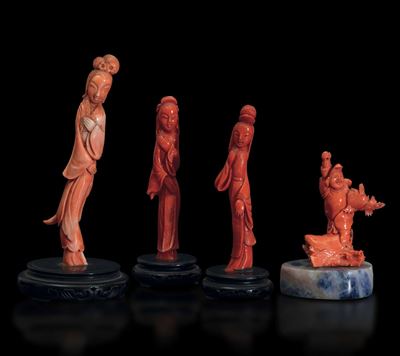 Lotto Composto da Tre Sculture Raffiguranti Fanciulle e una Raffigurante Pescatore in Corallo, Ci...