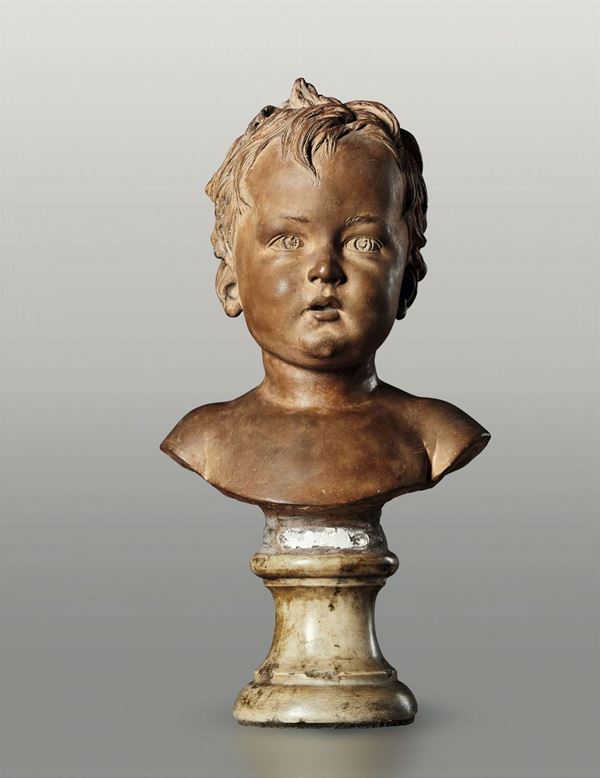 Busto di fanciullo. Terracotta patinata su base in marmo tornito. Plasticatore neoclassico, fine XVIII - inizio XIX secolo