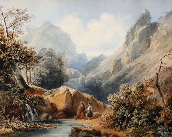 Pittore del XIX secolo Paesaggio con fiume