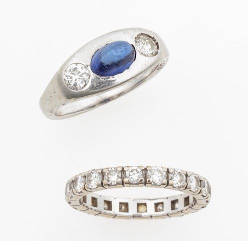 Lotto composto da anello con zaffiro sintetico taglio cabochon e diamanti ed una rivière con diamanti  - Auction Jewels | Cambi Time - Cambi Casa d'Aste