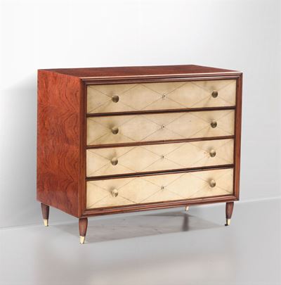 Mobile Contenitore con Struttura in Legno Dettagli e Puntali in Ottone e Rivestimenti in Pergamen...