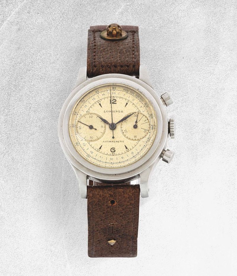LONGINES - Cronografo anni '40-'50 in acciaio, scala tachimetrica.  - Asta Orologi da Polso e da Tasca - Cambi Casa d'Aste