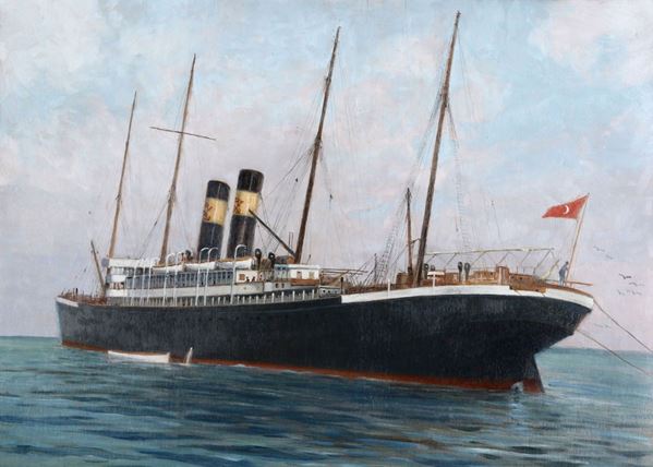 Pittore del XIX-XX secolo Ritratto di vapore con bandiera turca