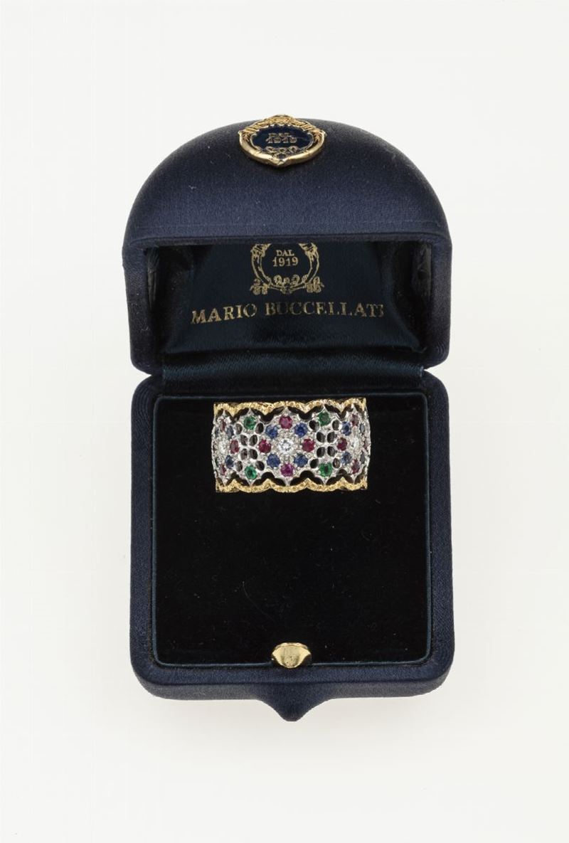 Diamond and gem-set ring. Signed M. Buccellati. Fitted case  - Auction Fine Jewels  - Cambi Casa d'Aste