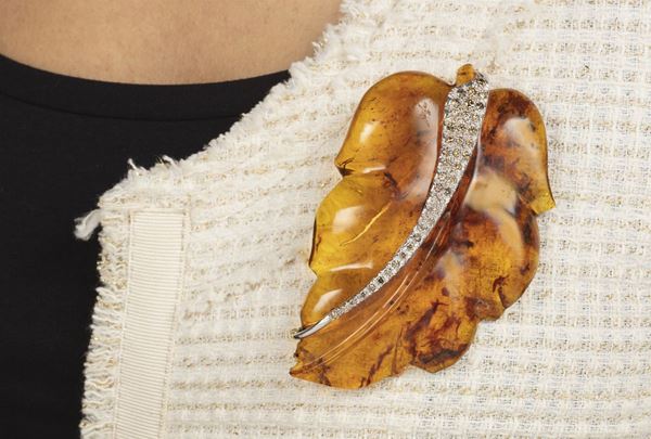 Amber and diamond brooch