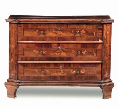 Cassettone in legno impiallacciato ed intarsiato, XIX secolo