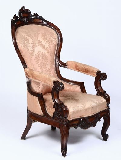 Poltrona Luigi Filippo in Legno Intagliato, XIX Secolo