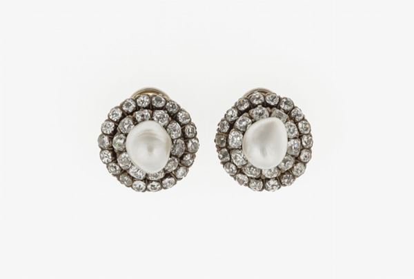 Pair of natural pearl and diamond earrings
