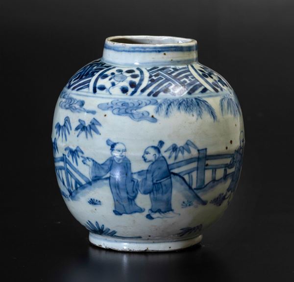 Piccola potiche senza coperchio in porcellana bianca e blu raffigurante scene di vita comune, Cina, Dinastia Qing, epoca Kangxi (1662-1722)