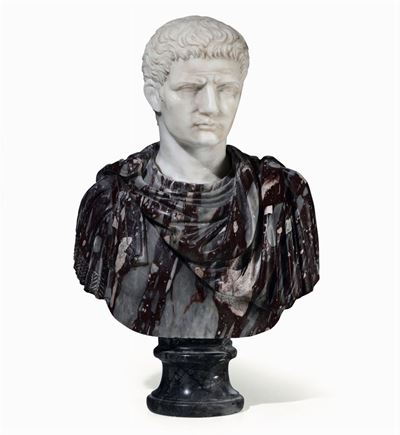 Busto Imperatore in Marmi Colorati e Marmo Bianco. Marmorari Romani del XX-XXI Secolo